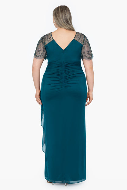 Plus "Lana" Sheer Matte Jersey Beaded Flutter Sleeve Dress Emerald XSCAPE