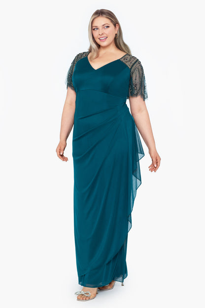 Plus "Lana" Sheer Matte Jersey Beaded Flutter Sleeve Dress Emerald XSCAPE