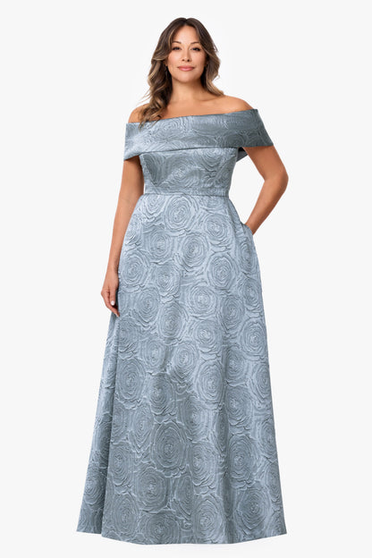 Plus "Gloria" Brocade Off The Shoulder Dress Slate XSCAPE