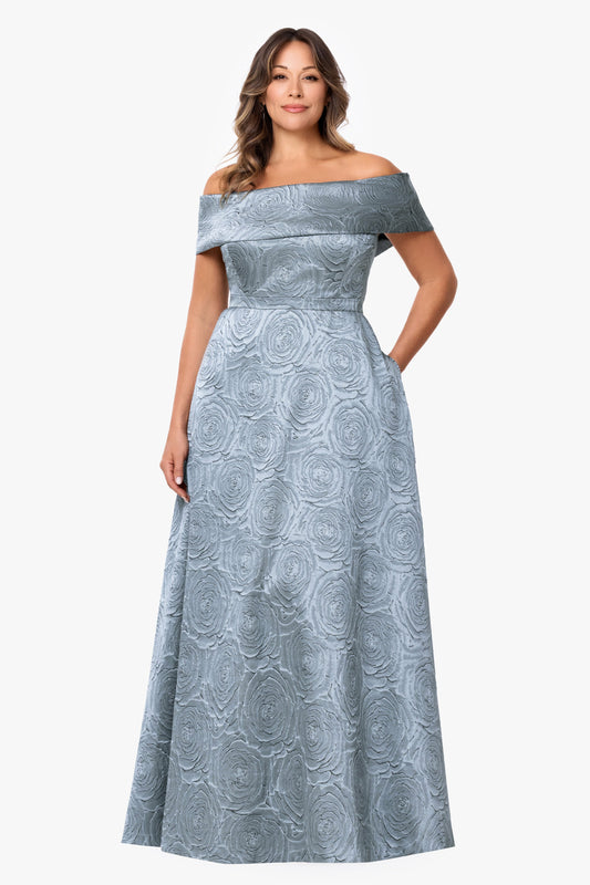 Plus "Gloria" Brocade Off The Shoulder Dress Slate XSCAPE