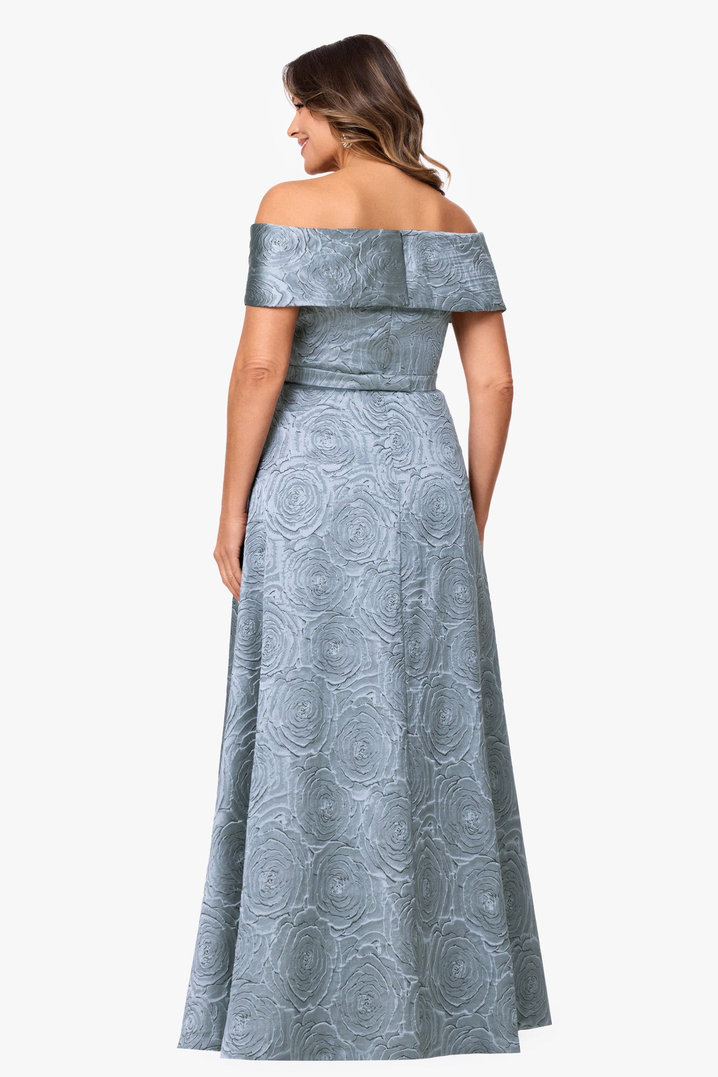Plus "Gloria" Brocade Off The Shoulder Dress Slate XSCAPE