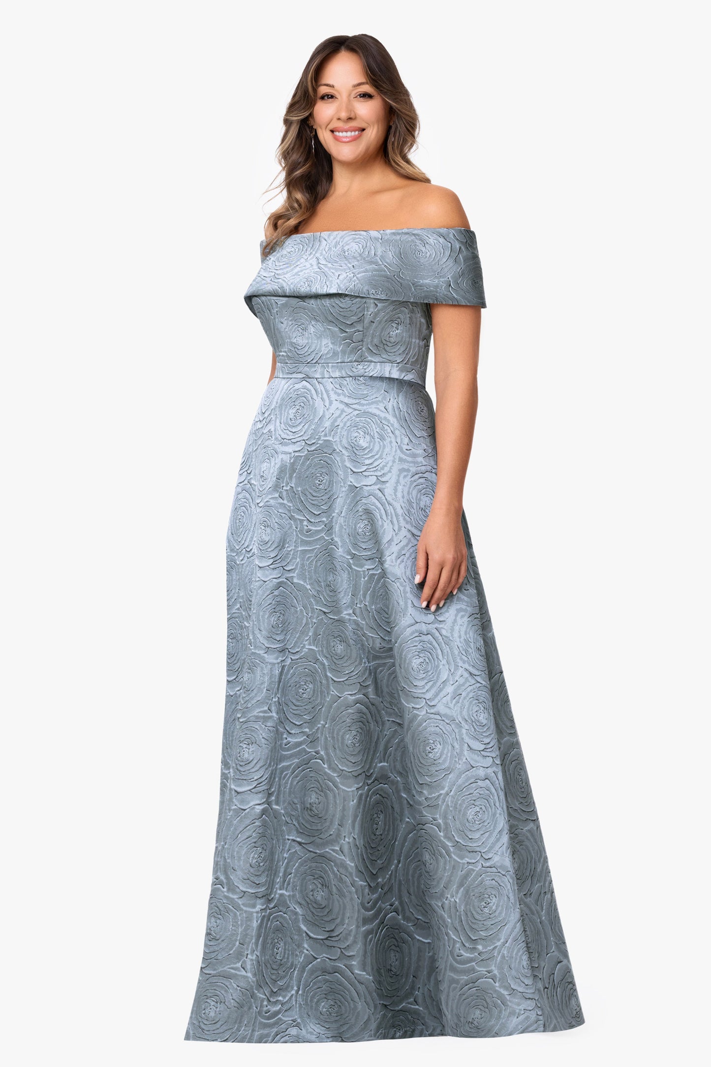 Plus "Gloria" Brocade Off The Shoulder Dress Slate XSCAPE