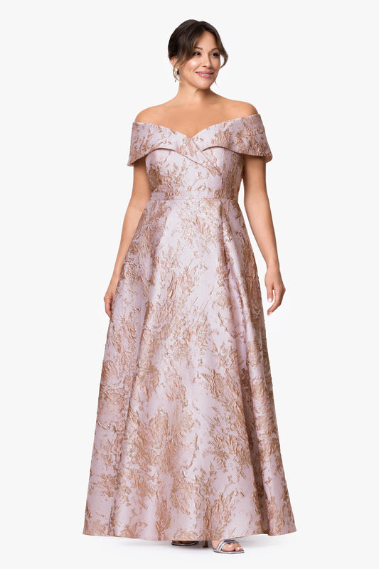 Plus "Daphne" Brocade Off Shoulder Dress Blush/Gold XSCAPE
