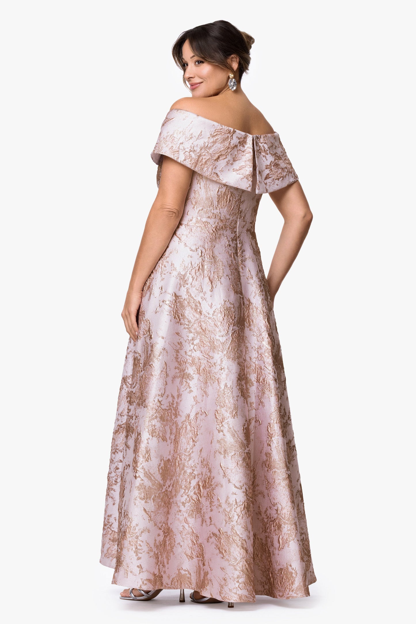 Plus "Daphne" Brocade Off Shoulder Dress Blush/Gold XSCAPE