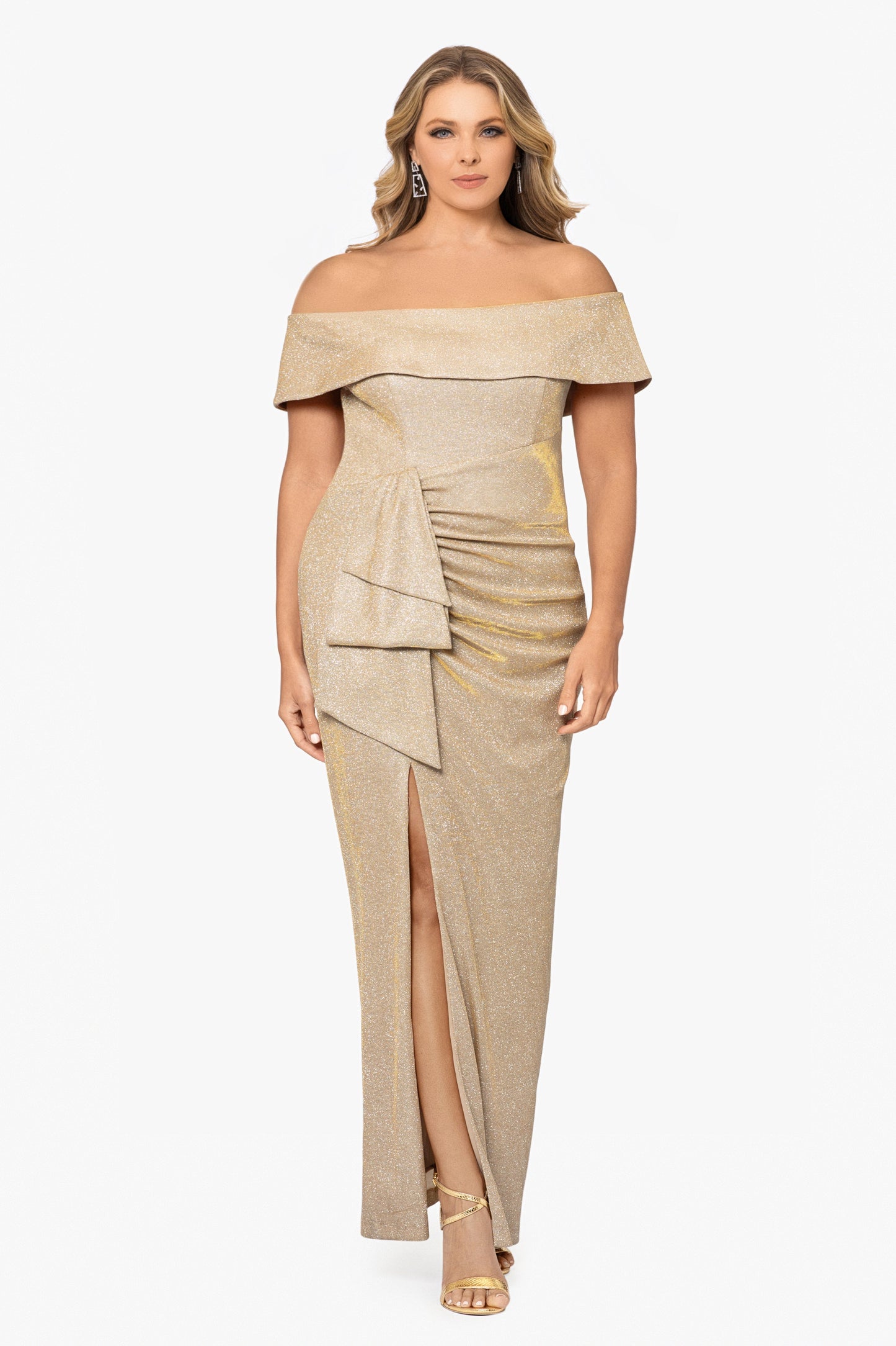 Plus "Tessa" Glitter Off the Shoulder Ruffle Dress Gold/Silver XSCAPE