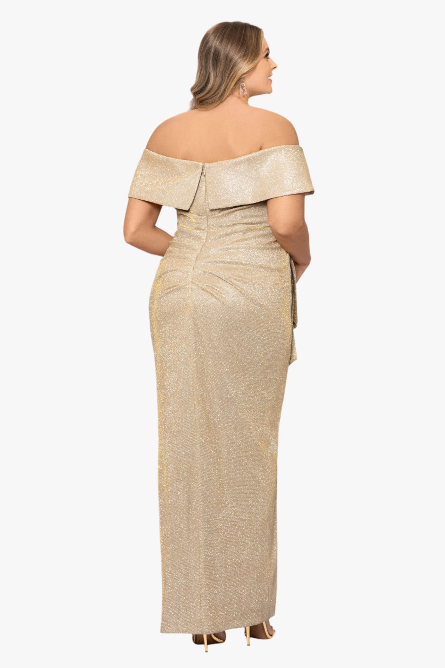 Plus "Tessa" Glitter Off the Shoulder Ruffle Dress Gold/Silver XSCAPE