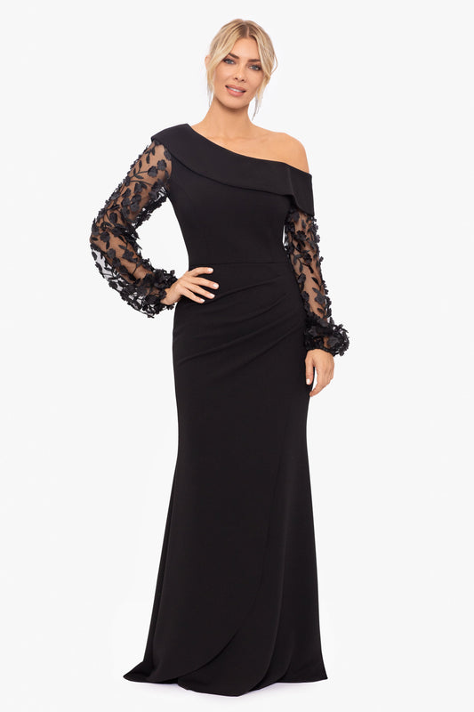 Petite "Ariana" Off the Shoulder Long Sleeve Scuba Crepe Dress Black XSCAPE