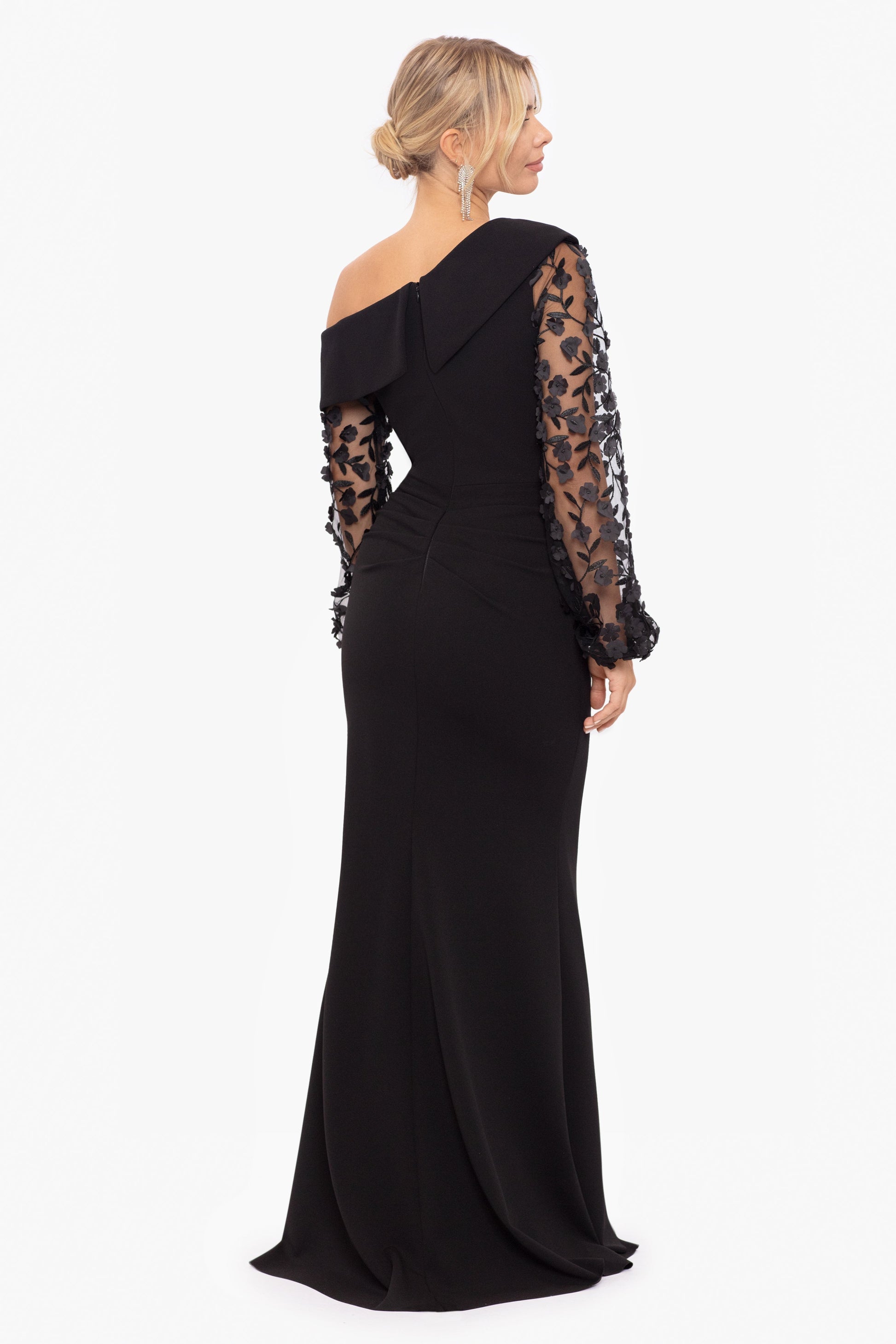 Petite "Ariana" Off the Shoulder Long Sleeve Scuba Crepe Dress Black XSCAPE