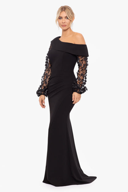 Petite "Ariana" Off the Shoulder Long Sleeve Scuba Crepe Dress Black XSCAPE
