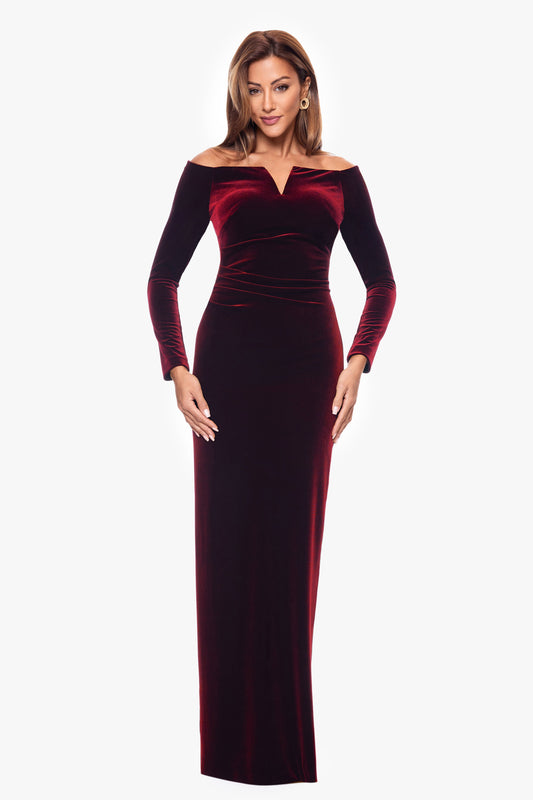 Petite "Christy" Off the Shoulder Velvet Dress Burgundy XSCAPE