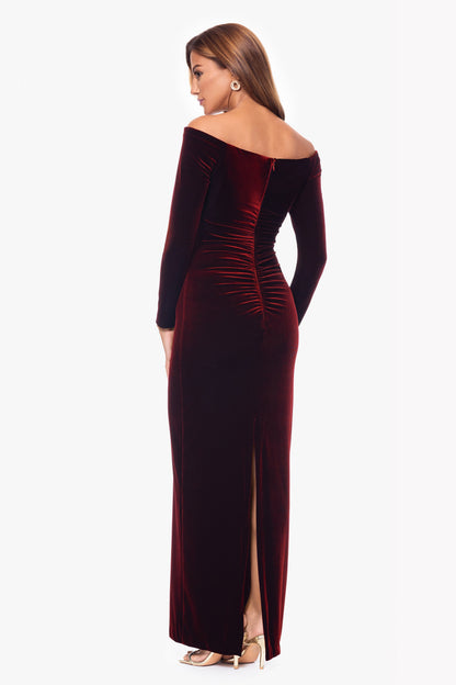 Petite "Christy" Off the Shoulder Velvet Dress Burgundy XSCAPE