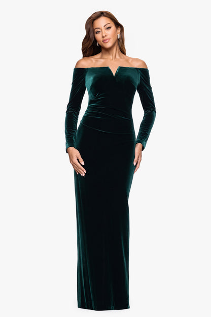 Petite "Christy" Off the Shoulder Velvet Dress Hunter XSCAPE