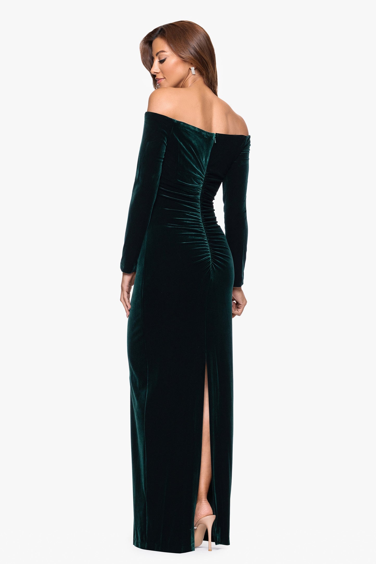 Petite "Christy" Off the Shoulder Velvet Dress Hunter XSCAPE