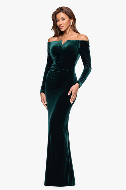 Petite "Christy" Off the Shoulder Velvet Dress Hunter XSCAPE
