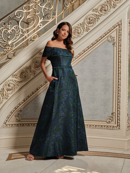 Petite "June" Jacquard Off The Shoulder Dress Navy/Green XSCAPE