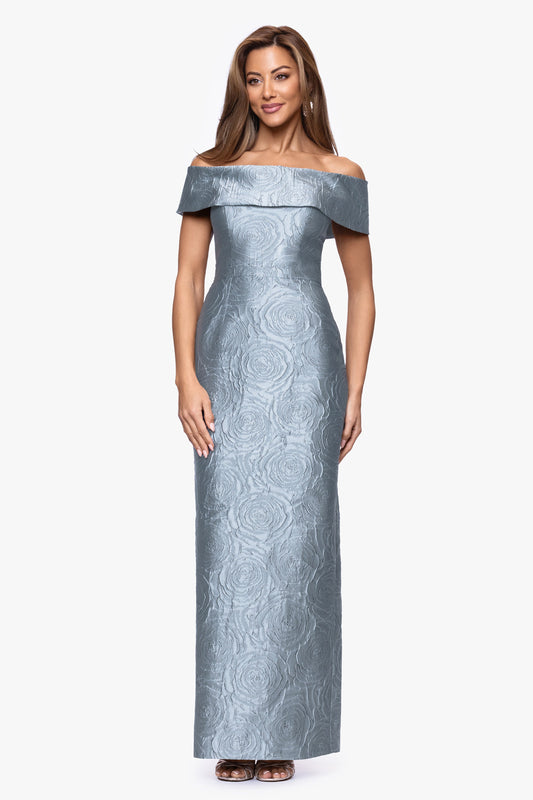 Petite "Barbara" Brocade Off The Shoulder Dress Slate XSCAPE