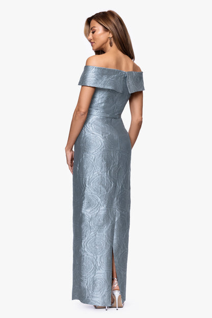 Petite "Barbara" Brocade Off The Shoulder Dress Slate XSCAPE