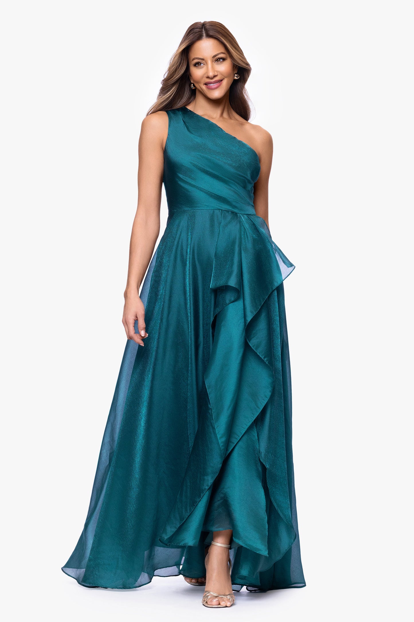 Petite "Samantha" Organza One Shoulder Ruffle Dress Neo Emerald XSCAPE