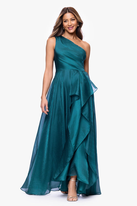 Petite "Samantha" Organza One Shoulder Ruffle Dress Neo Emerald XSCAPE