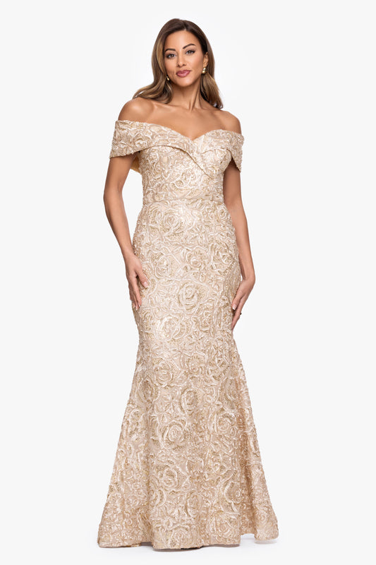 Petite "Georgia" Soutache Off The Shoulder Gown Champagne XSCAPE