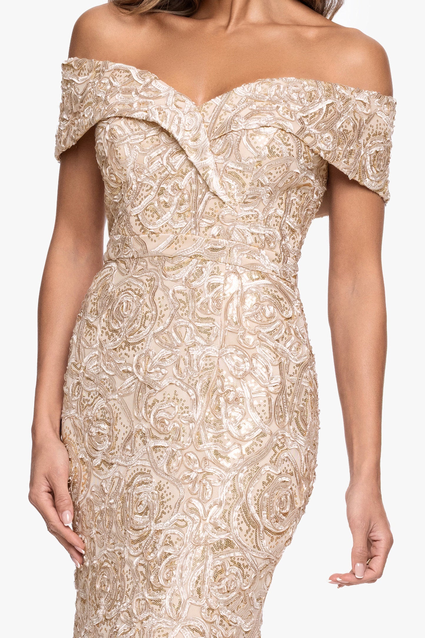 Petite "Georgia" Soutache Off The Shoulder Gown Champagne XSCAPE