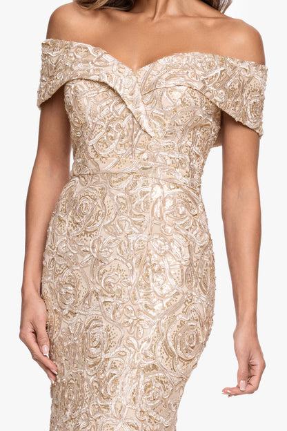 Petite "Georgia" Soutache Off The Shoulder Gown Champagne XSCAPE