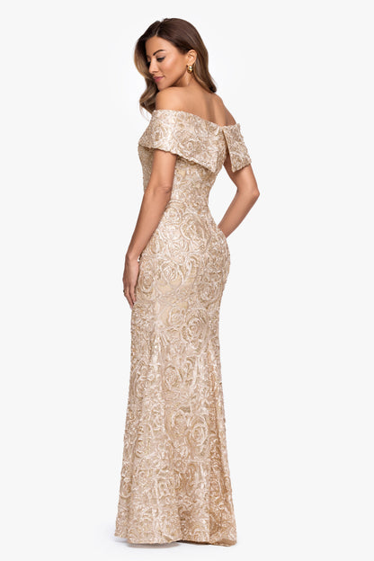 Petite "Georgia" Soutache Off The Shoulder Gown Champagne XSCAPE