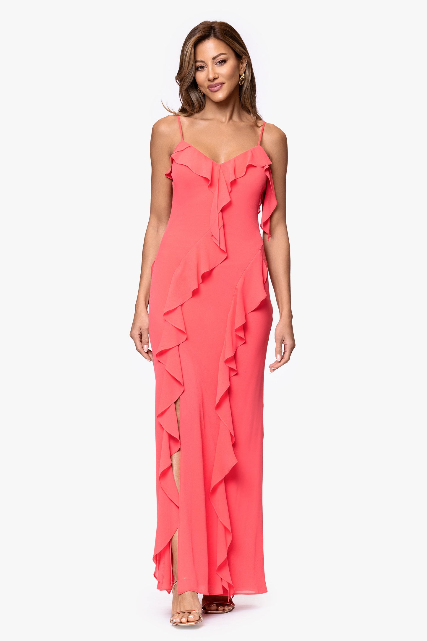 Petite "Summer" Chiffon Ruffle Dress Coral XSCAPE