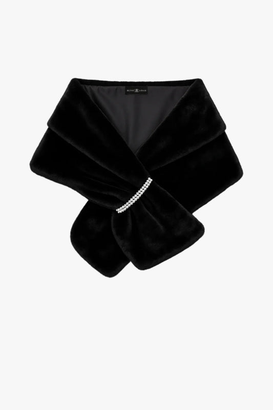 "Betty" Faux Fur Pearl Trim Shawl Wrap Black XSCAPE