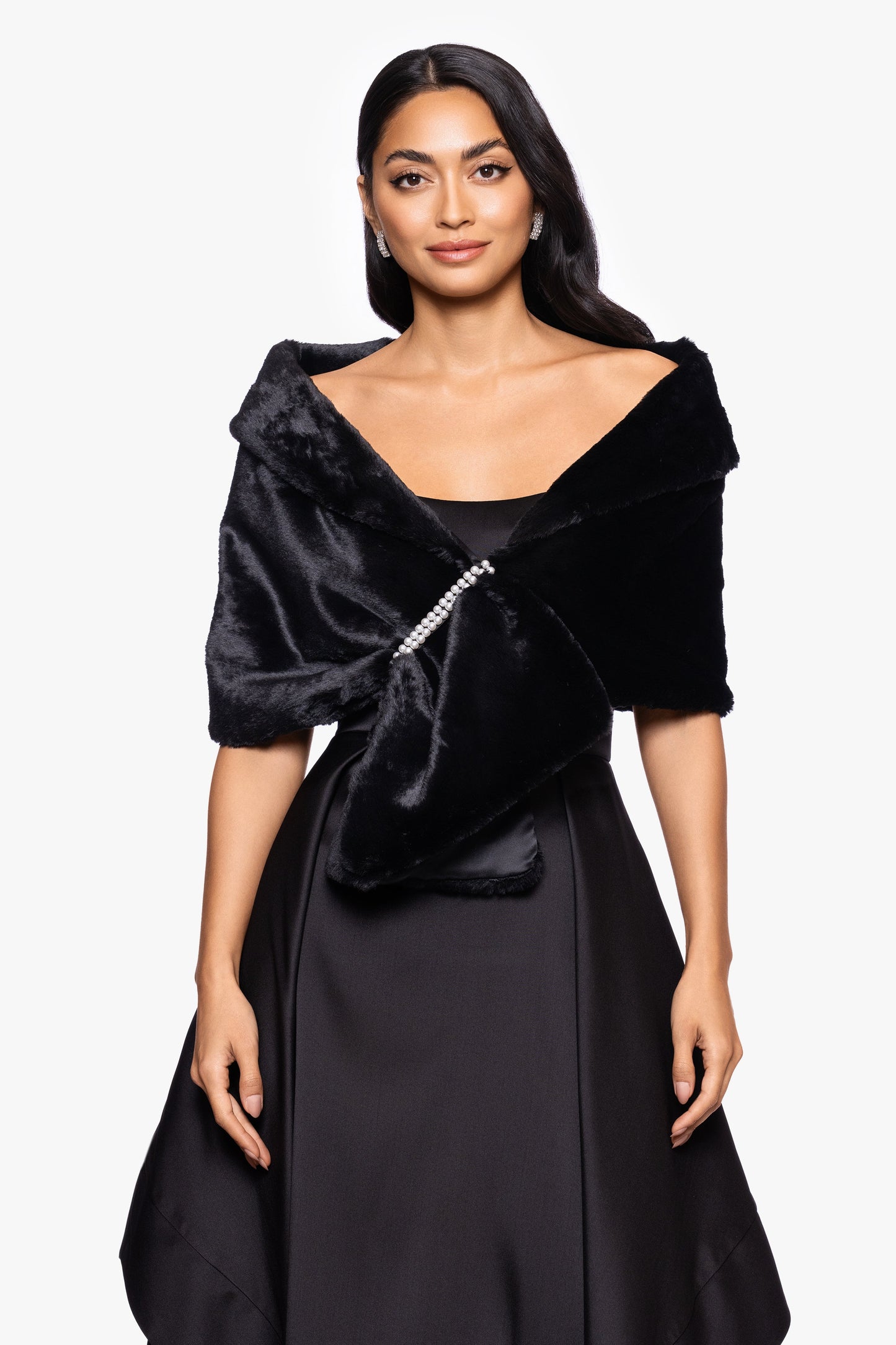 "Betty" Faux Fur Pearl Trim Shawl Wrap Black XSCAPE