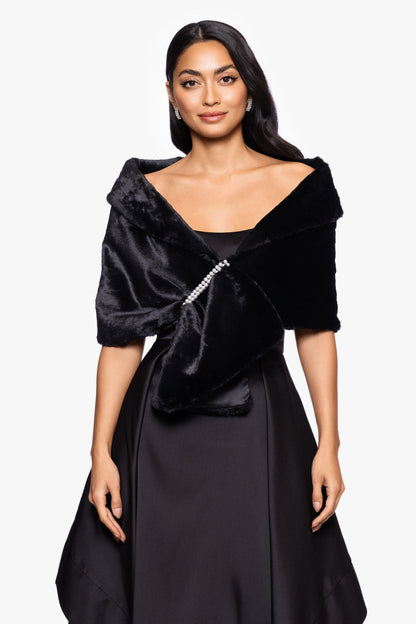 "Betty" Faux Fur Pearl Trim Shawl Wrap Black XSCAPE