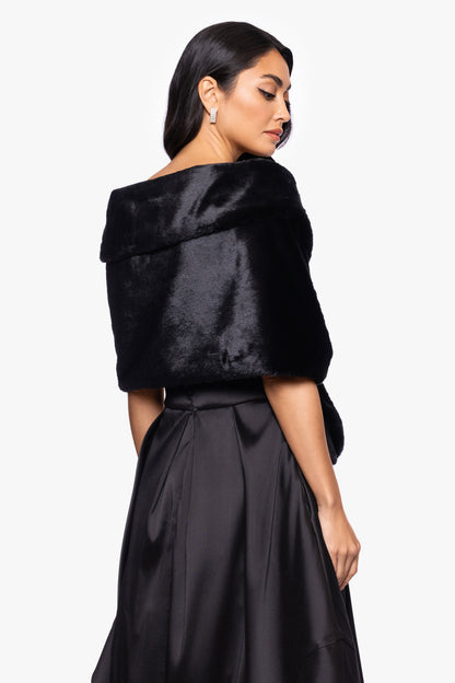 "Betty" Faux Fur Pearl Trim Shawl Wrap Black XSCAPE