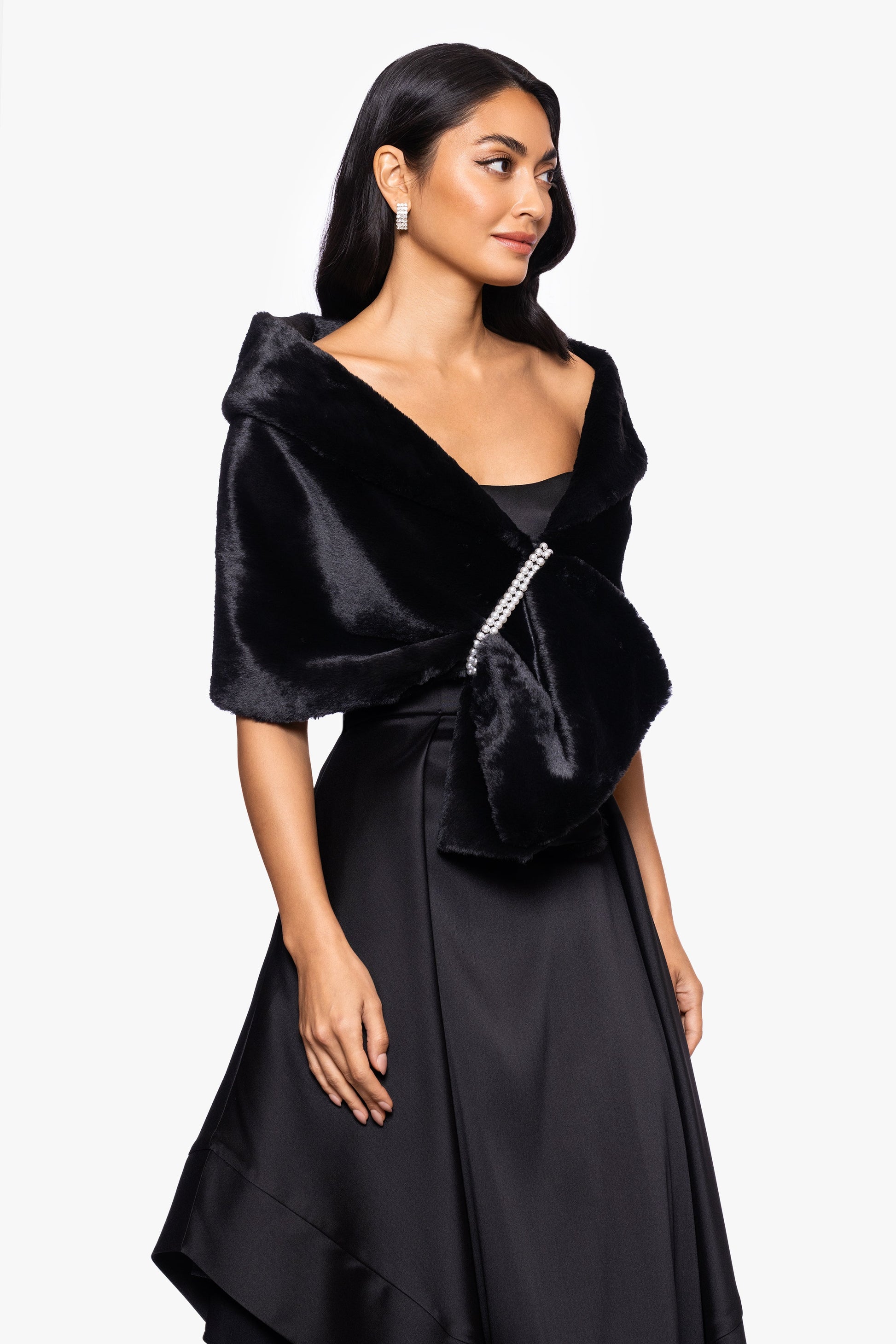 "Betty" Faux Fur Pearl Trim Shawl Wrap Black XSCAPE